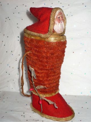 Antique Vtg Christmas Chenille Cardboard Santa Boot Candy Holder Japan