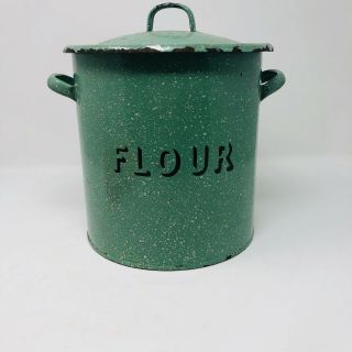 Vintage Porcelain Enamel Flour Container With Lid Wonderful Rare Green Old