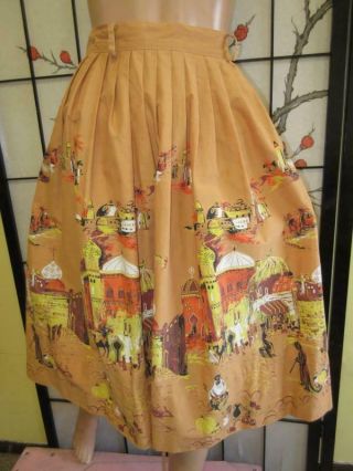Vtg 40 50s Arabian Nights Market Print Wide Border Rockabilly Dress Full Skirt