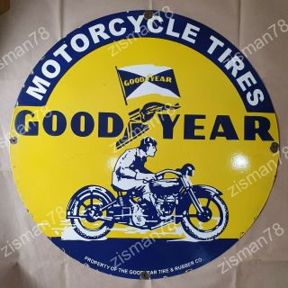 Goodyear Motor Cycle Tires Vintage Porcelain Sign 30 Inches Round