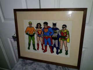 Vintage Needlepoint Superman Batman Wonder Woman 22x18 Picture Marvel Comics