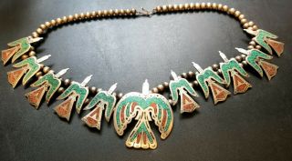 Vtg Sterling Chip Inlay Coral & Turquoise Peyote Bird Squash Blossom Necklace 11