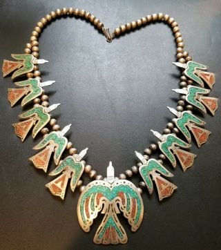 Vtg Sterling Chip Inlay Coral & Turquoise Peyote Bird Squash Blossom Necklace