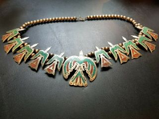 Vtg Sterling Chip Inlay Coral & Turquoise Peyote Bird Squash Blossom Necklace 4