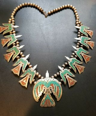 Vtg Sterling Chip Inlay Coral & Turquoise Peyote Bird Squash Blossom Necklace 5