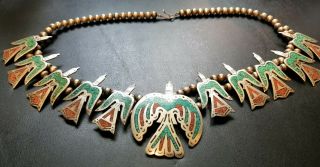 Vtg Sterling Chip Inlay Coral & Turquoise Peyote Bird Squash Blossom Necklace 7