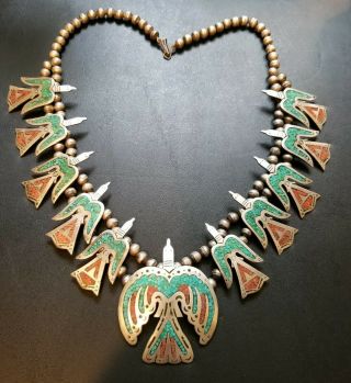 Vtg Sterling Chip Inlay Coral & Turquoise Peyote Bird Squash Blossom Necklace 8
