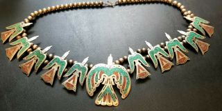Vtg Sterling Chip Inlay Coral & Turquoise Peyote Bird Squash Blossom Necklace 9