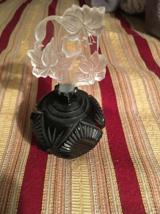 Vtg Black Czech Perfume Bottle - Heavy Black Cut Glass With Carved Stopper