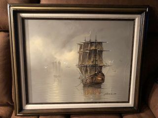 Vtg Oil Painting On Canvas Sailing Ship Misty Foggy Seascape By Garcia