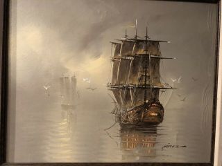 Vtg Oil Painting on Canvas Sailing Ship Misty Foggy Seascape by Garcia 2