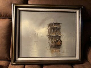 Vtg Oil Painting on Canvas Sailing Ship Misty Foggy Seascape by Garcia 3