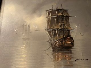 Vtg Oil Painting on Canvas Sailing Ship Misty Foggy Seascape by Garcia 4