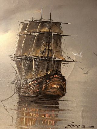 Vtg Oil Painting on Canvas Sailing Ship Misty Foggy Seascape by Garcia 6