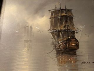 Vtg Oil Painting on Canvas Sailing Ship Misty Foggy Seascape by Garcia 7