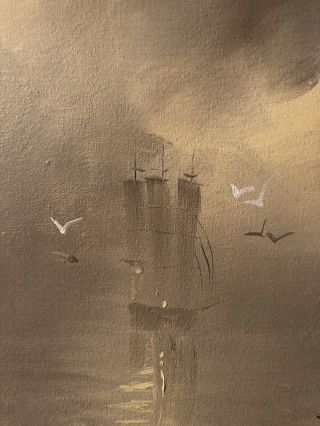 Vtg Oil Painting on Canvas Sailing Ship Misty Foggy Seascape by Garcia 8