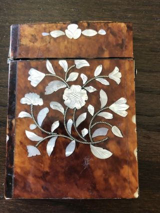 Vtg Victorian Tortoise Shell Calling Card Case - Mother Pearl Inlay Sterling