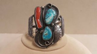 Sterling Silver Navajo Turquoise And Coral Cuff Bracelet - Vintage Signed Rsf