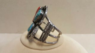 Sterling Silver Navajo Turquoise and Coral Cuff Bracelet - Vintage Signed RSF 2