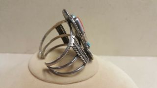Sterling Silver Navajo Turquoise and Coral Cuff Bracelet - Vintage Signed RSF 4