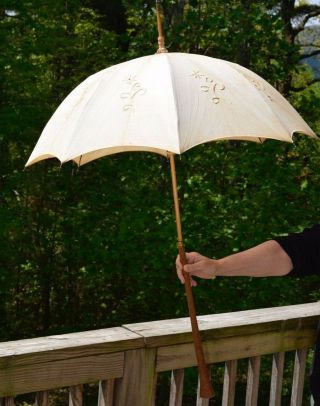 Antique Victorian Embroidered Irish Linen Folding Carriage Parasol Umbrella 1890