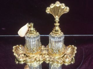 Set If 2 Vintage Filigree Gold Perfume Bottles W/ Tray