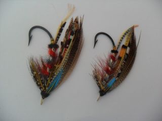 2 X Butcher Size 4/0 & 2/0 Vintage Gut Eye Salmon Flies Date Early 1900 