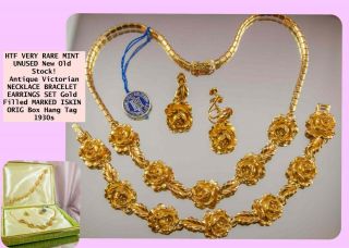 Very Rare Antique Victorian Necklace Bracelet Earrings Set Gold Gf Marked