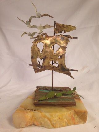 Vtg Mid Century Demott Brass Raft Metal Art Sculpture On Onyx Sail Seagulls Bird