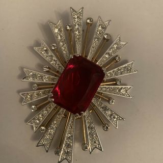 Kjl Kenneth Lane Ruby Red Starburst Gold Silver Tone Pin Brooch Vintage