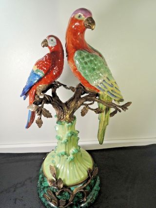 Large 16 " Wl 1895 Wong Lee Vintage Porcelain & Bronze Pair Parrot