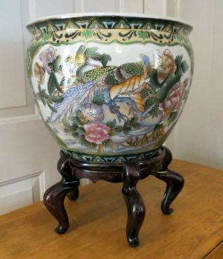 Vintage Chinese Japanese Tokusei Peacock Porcelain Fish Bowl Planter Pot