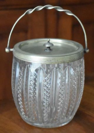 Charming English Silver Plate Trimmed Vertical Zipper Diamond Biscuit Barrel