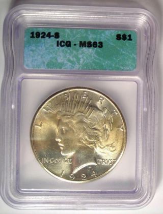 1924 - S Peace Silver Dollar $1 - ICG MS63 - Rare Certified BU Coin - $520 Value 2
