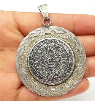 Mexico 925 Silver - Vintage Two Tone Mayan Aztec Sun Calendar Pendant - P7314