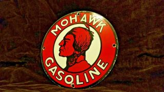 Old Vintage Mohawk Gasoline Porcelain Native American Indian Chief Service Sign