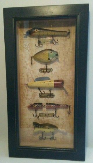 Vintage Wooden Fishing Lures In Wood Framed Shadow Box Estate Find