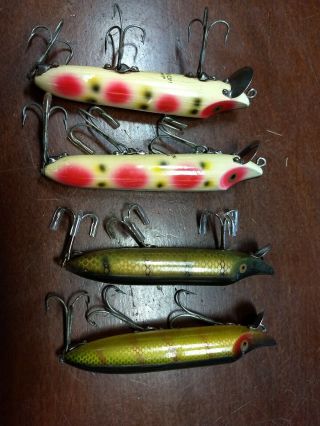 Vintage Heddon Dowagiac Wooden Vamp Lures 2 Strawberry 2 Spook Old Fishing Lures