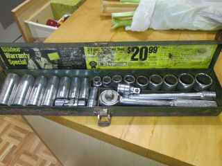 Vtg S - K S - K Wayne 3/8 Drive 21 Pc Sae Socket Wrench Set In Metal Tool Box U.  S.  A.