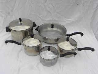 10 Pc.  Set Vtg Farberware Stainless Steel Sauce Pans Stock Pot & Skillets W/lids