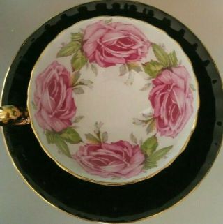 Aynsley Rose Cup And Saucer 4 Big Pink Cabbage Roses Black Gold Vintage Teacup