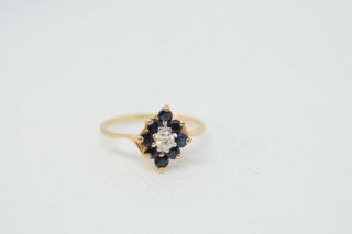 Vintage 10k Solid Yellow Gold Natural Sapphire And Diamond Ring - 4.  5 Size