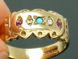 9ct Gold 9k Gold Vintage Turquoise Ruby,  Diamond Art Deco Design Ring Size N