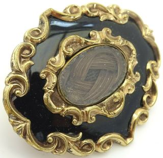 Antique Victorian Gold & Enamel Plaited Hair Mourning Brooch / Initialed 10.  6g