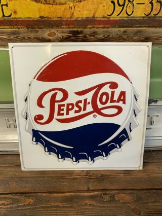 Vintage Pepsi Cola Embossed Metal Sign Advertising 23”x 23” Stout Sign Co