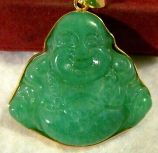 VINTAGE ? CARVED GREEN JADE Buddha INTAGLIO GOLD Pendant. 4