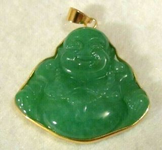 VINTAGE ? CARVED GREEN JADE Buddha INTAGLIO GOLD Pendant. 6