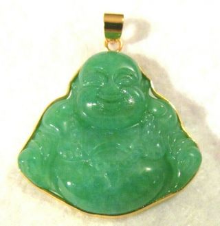 VINTAGE ? CARVED GREEN JADE Buddha INTAGLIO GOLD Pendant. 8