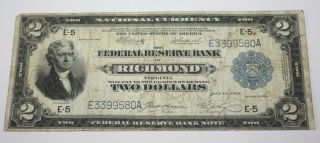Rare 1918 Circulated Large Two Dollar $2 Richmond Va Battleship Bank Note