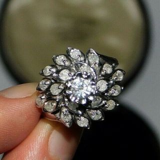 Magnificent,  0.  70ct Diamond Cluster Vintage Signed 14ct 14k White Gold Ring M
